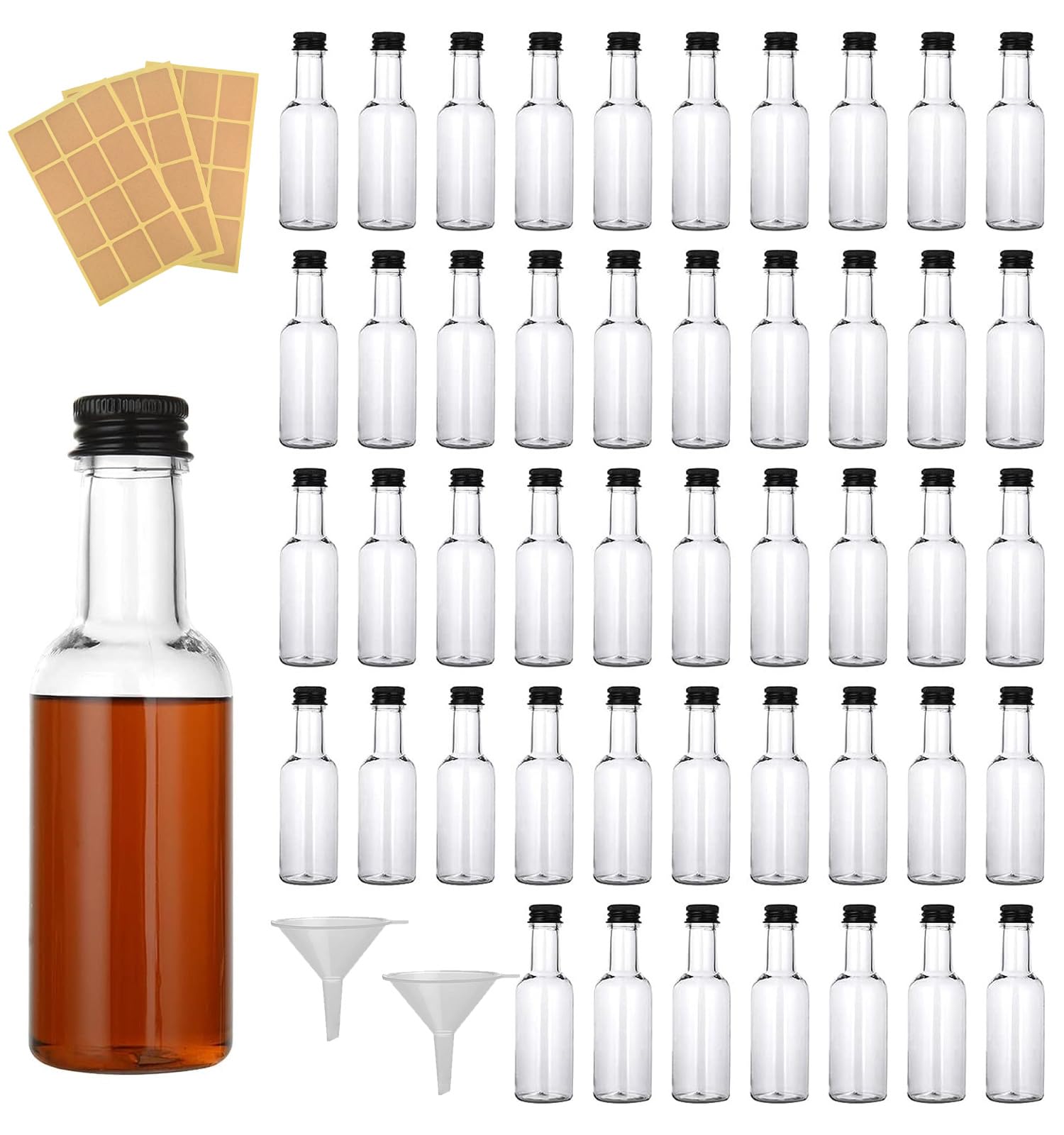 wordmouk Mini Liquor Bottles (48 Pack) 25mL Reusable Plastic Empty Spirit Bottles with Black Aluminum Screw Cap Liquid Funnel for Easy Pouring Perfect for Weddings Parties Travel