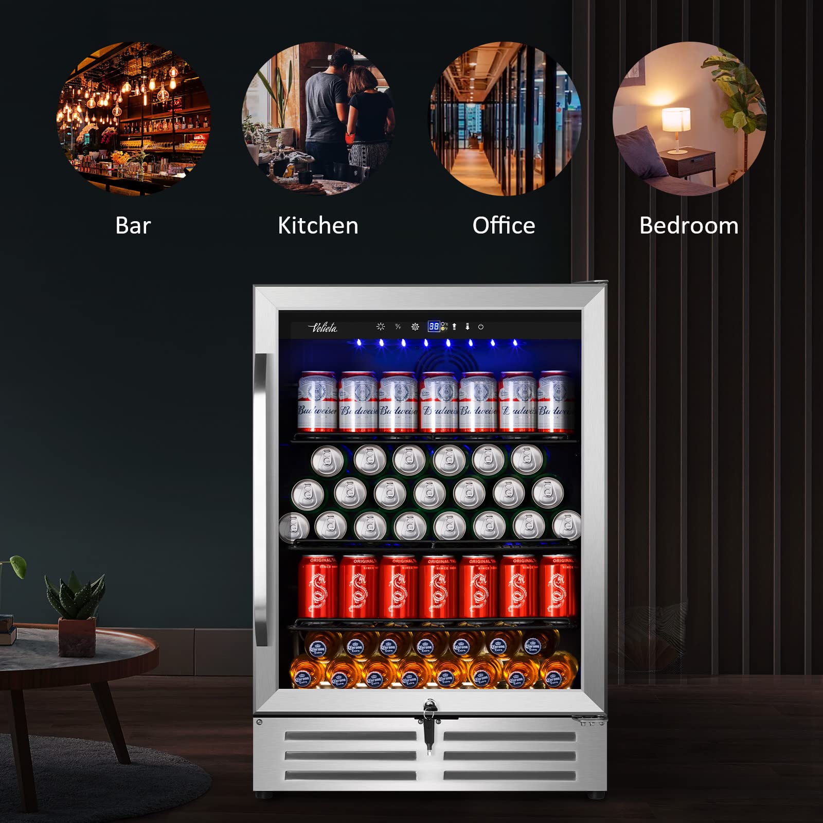 Velieta 24 Inch Beverage Refrigerator Cooler,210 Cans Wide Beverage and Beer Fridge with Glass Door and Powerful Cooling Compressor, Built-in/Freestanding Drink Fridge for Kitchen, Bar or Office