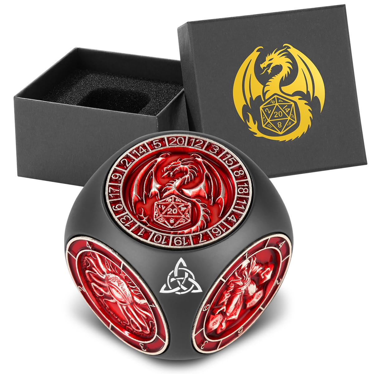 DND Fingertip Spinner Dice, 7-in-1 Metal Dice Set with 3D Pattern, Polyhedral Rotating Game Dice, for DND Gifts with Dragon Logo Gift Box, Role Playing Board Game Accessories, Black & Red