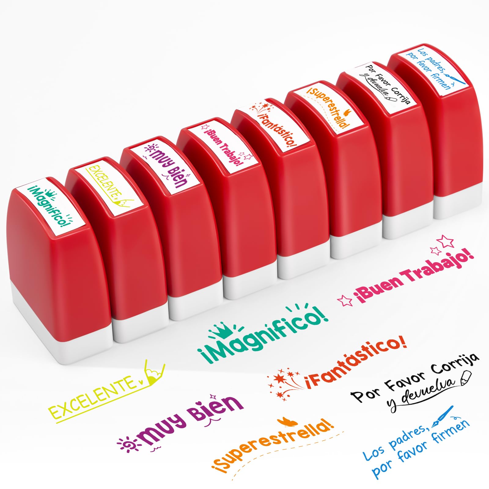 Qilery 8 Pcs Teacher Stamp Spanish Grading Gifts Rubber Self Inking Motivation for School Spanish Classroom Grading Stamp Kids School Prizes(Red,Stylish)