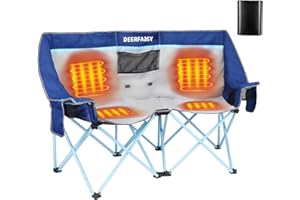 DEERFAMY Heated Double Camping Chair, 3 Level Intelligent Heating, Dual Control Switches, Portable Folding Loveseat Chair with 12V Battery Pack, for Outdoor