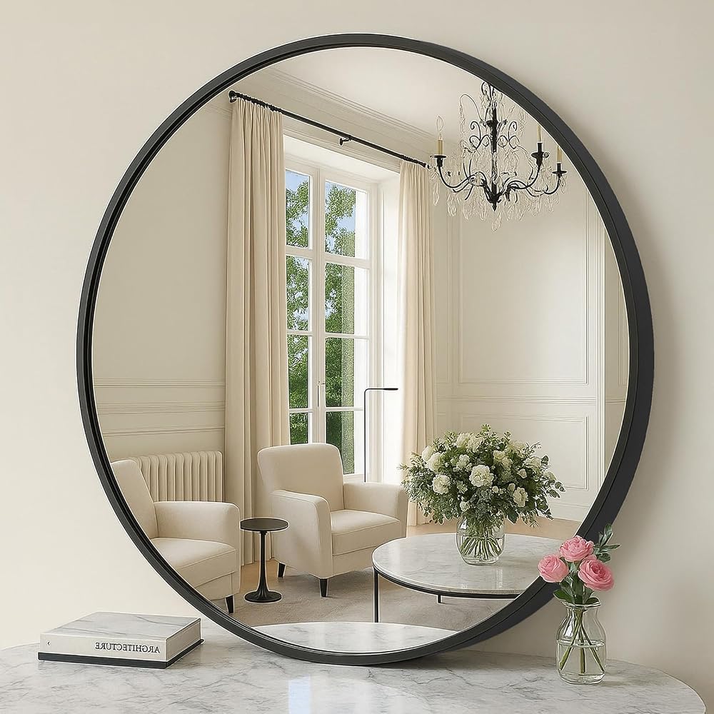 SONGMICS Round Mirror 61 cm Black Metal Frame Bathroom Wall