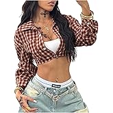 Milumia Women's Plaid Collared Crop Top Shirt Y2k Button Long Sleeve Rubgy Tops Going Out Streetwear