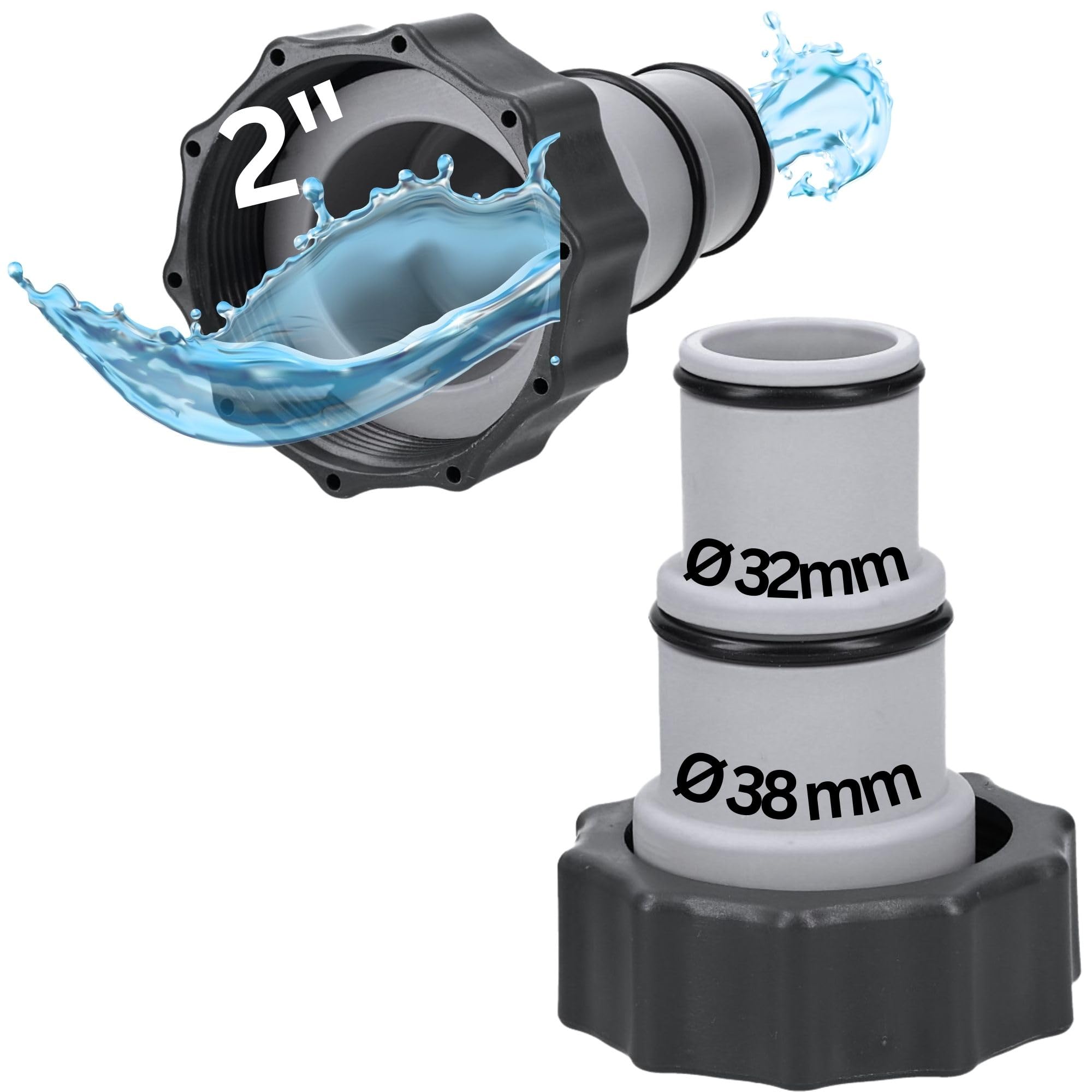 Kalitec Pool Adapter A - Hose Adapter Pool 38 mm and 32 mm - Pool Accessories Hose Nozzle with Sealing Ring (Set of 2)