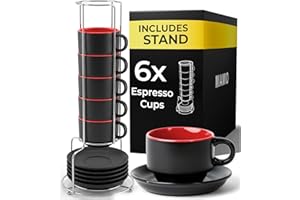 MIAMIO - 75 ml Espresso Cup Set with Saucers Coffee Mug Set of 6 - Ceramic Coffee Mug Stackable Espresso Mug with Stand for C