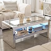 IKIFLY Mirrored Coffee Table with Mirror Crystal Board, Glass Rectangle End Table Coffee Tea Table with 2 Tier for Living Room Bedroom