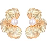 Small Pearl Statement Earrings,Chunky Big Pearl Flower Dangle Earrings,Large Beaded Floral Drop Earring for Women