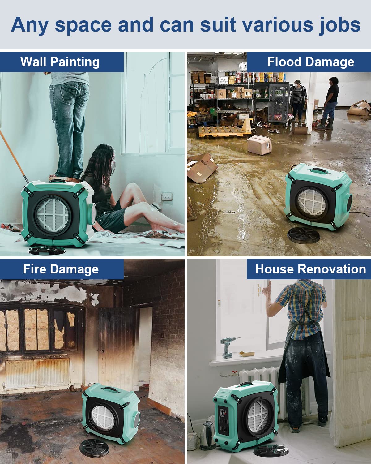 ALORAIR PureAiro HEPA Max 770 industrial Air Scrubber, 3-Stage Filtration System, GFCI Outlet, Negative Air Scrubber Water Damage Restoration Interior Decoration, Green