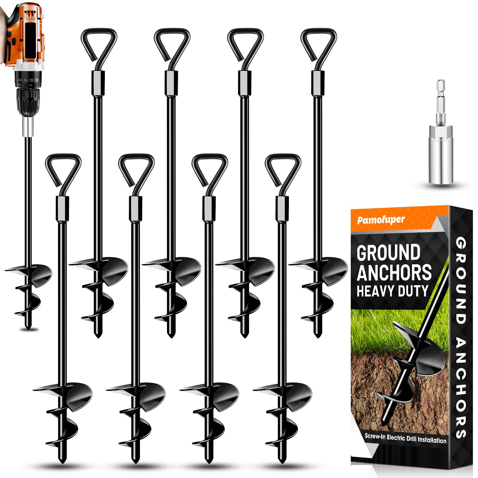 Ground Anchors Tent Stakes Trampoline Anchors Heavy Duty Screw in, Tent Stakes High Winds Heavy Duty for Camping Tent, Canopies, Carports, Sheds, Swing Sets,14in Ground Anchors (8 Pack X14in)