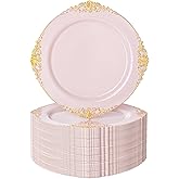 Nervure 100PCS Pink and Gold Plastic Plates - 7.5 inch Pink Plastic Plates with Gold Rim - Disposable Dessert Plate for Wedding & Party