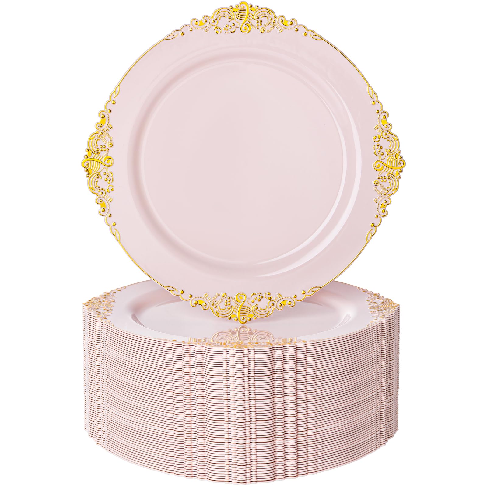 Photo 1 of Nervure 100PCS Pink and Gold Plastic Plates - 7.5 inch Pink Plastic Plates with Gold Rim - Disposable Dessert Plate for Wedding & Party