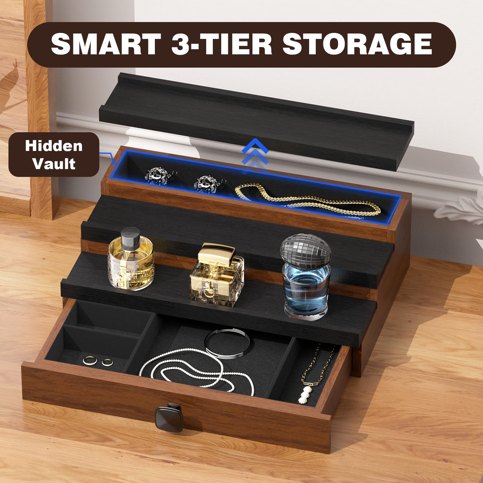 TIRYIUOU Perfume Organizer Cologne Stand: 3 Tier Wooden Men Cologne Holder Desktop Perfume Display Shelf, Bedroom Dresser Makeup Lotion Jewelry Storage Organizer with Drawer