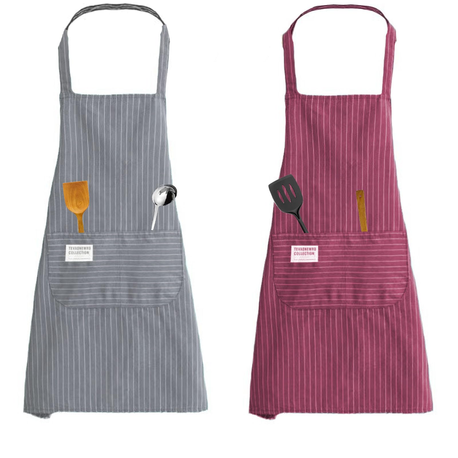 KYEDGC Aprons for Women, 2Pcs Unisex Adjustable Apron with 2 Pockets, kitchen Apron Chef Aprons for Women Men Aprons for Cooking Gardening for Kitchen, Restaurant, Coffee House (Date Red, Gray)