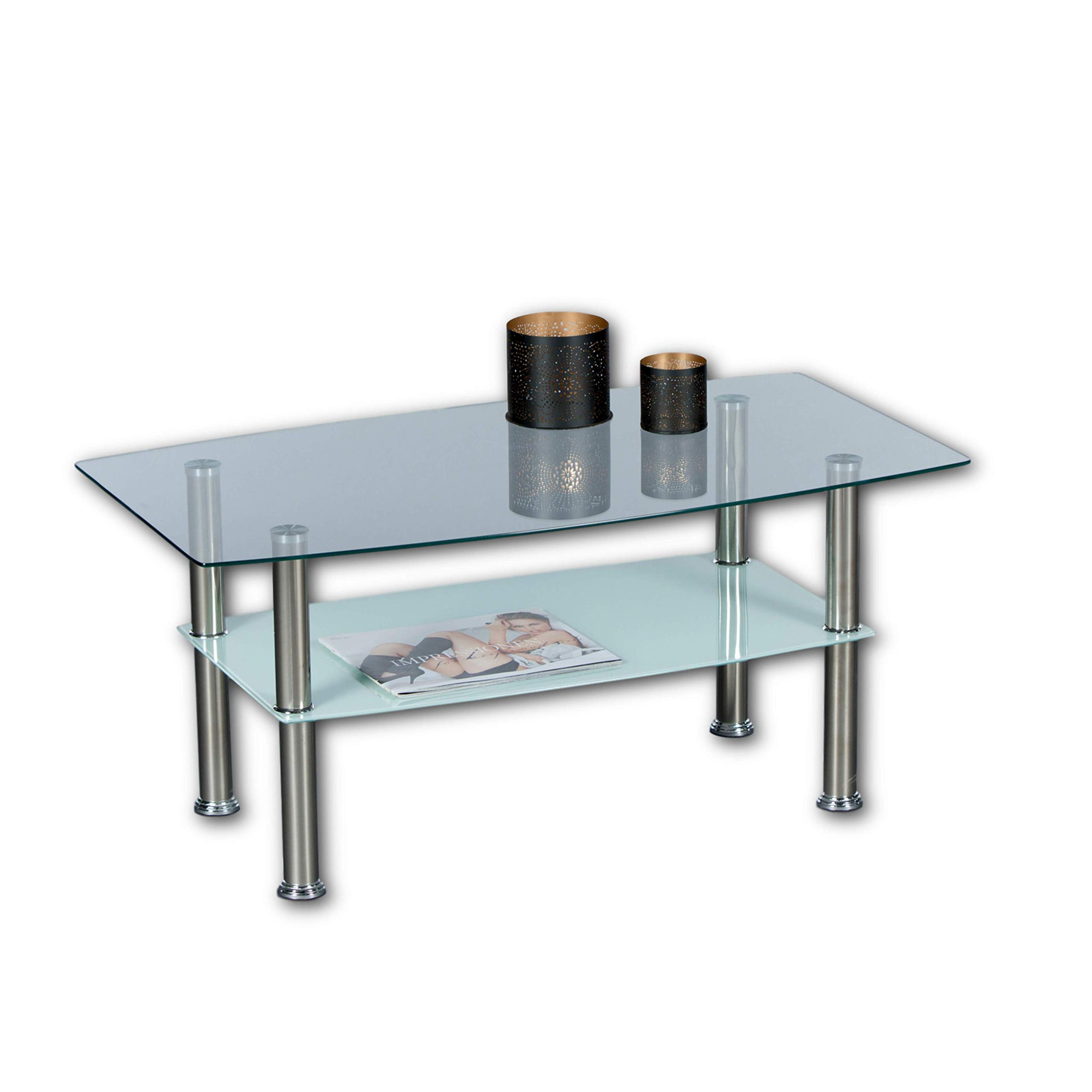Stella Trading Lisa Glass Coffee Table with Metal Frame Spacious Glass Table with Glass Shelf for Your Living Area 90 x 42 x 50 cm