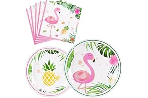 WERNNSAI Flamingo Party Decorations - 48PCS Hawaiian Plates and Napkins Summer Flamingo Themed Tableware Set Tropical Dinner Plates and Napkins for Girls Kids Birthday Baby Shower Serves 16 Guests