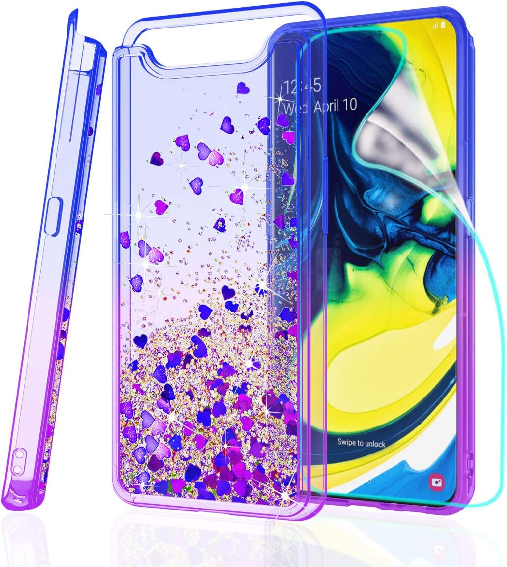 ZingCon Compatible for Samsung Galaxy A80 Phone Case,A90 Glitter Quicksand Case with HD Screen Protector,Shockproof Hybrid Hard PC Soft TPU Bling Adorable Shine Protective Cover-Blue/Purple