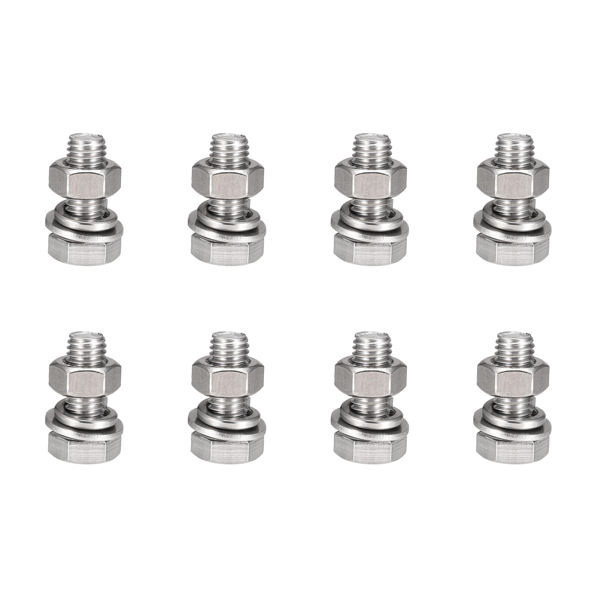 sourcing map M10 x 25mm Hex Head Screws Bolts, Nuts, Flat & Lock Washers Kits, 304 Stainless Steel Fully Thread Hexagon Bolts 8 Sets
