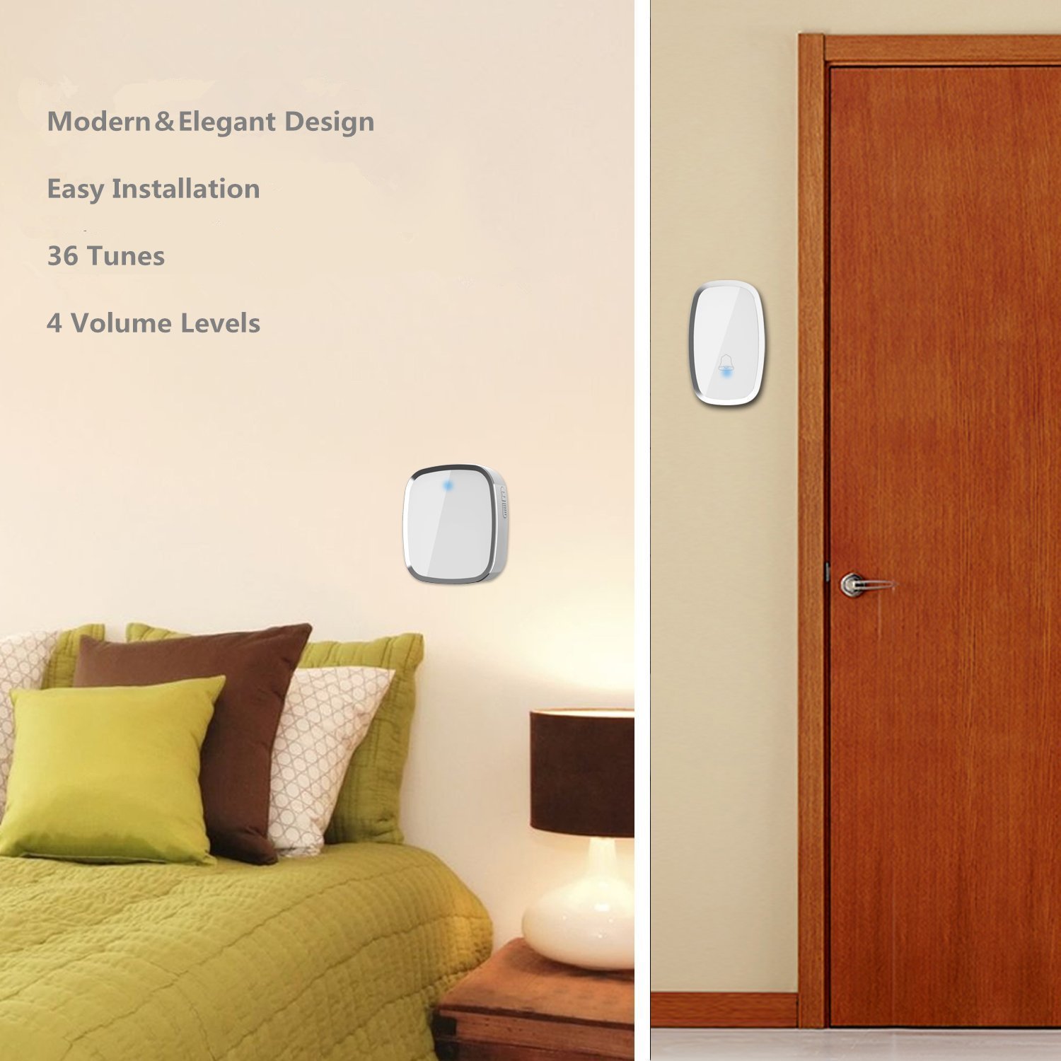 Wireless Doorbell, Portable Weatherproof Wall Plug-in Cordless Door Bell Chime Kit at 1000-feet Range with 36 Tunes, LED Indicator, 4 Volume Level, 1 Push Button & 1 Receiver Requiring No Battery