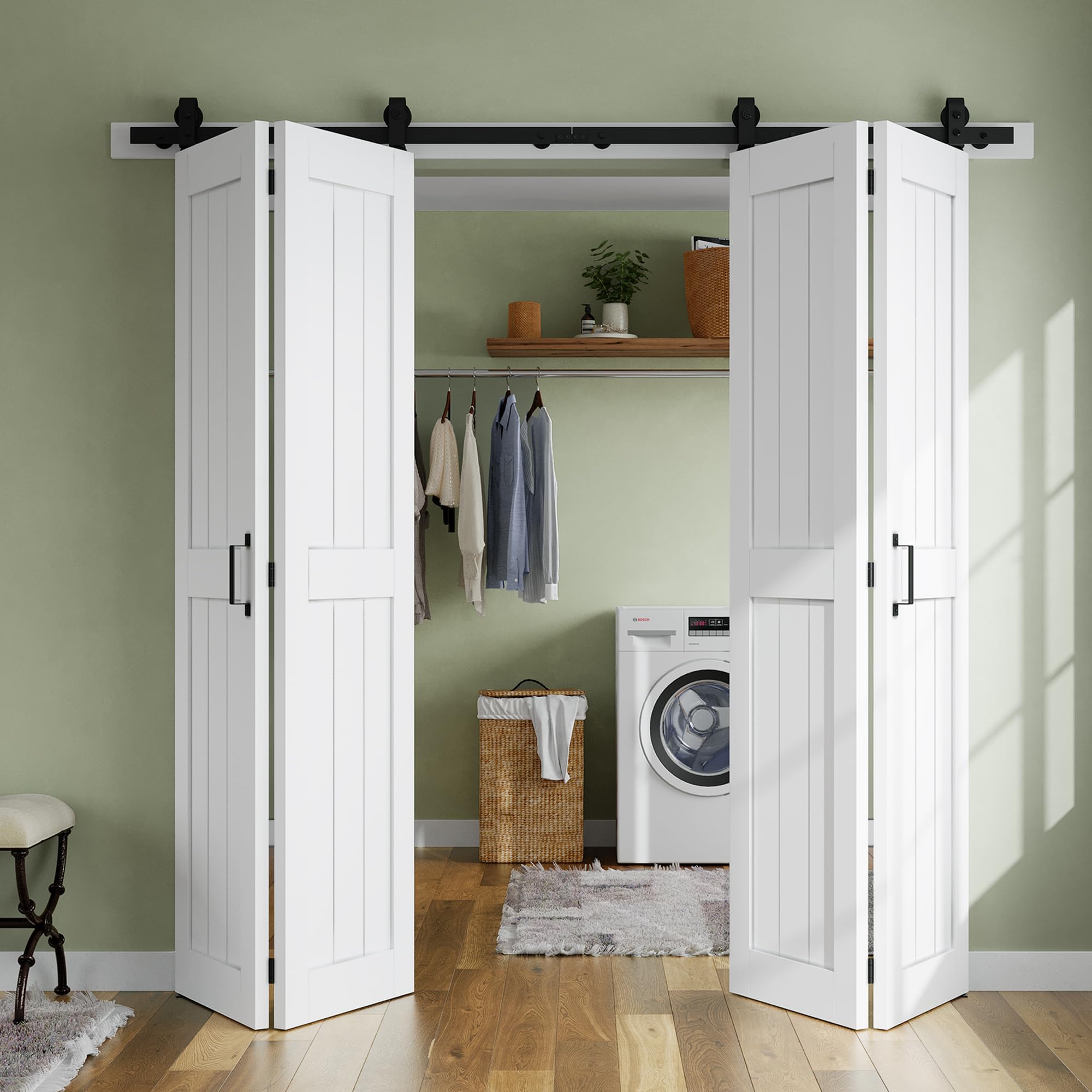 Photo 1 of ****Missing part********Missing part****SMARTSTANDARD Bifold Barn Door 48'' x 84'',Bi-Fold Sliding Closet Doors with Hardware Kit Included,56'' Track Kit for 4 Doors,Waterproof & Quiet,Pre-Drilled Holes Easy Assembly,White
