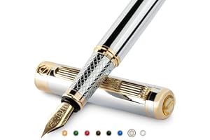 Scriveiner Silver Chrome Fountain Pen - Stunning Luxury Pen with 24K Gold Finish, Schmidt 18K Gilded Nib (Extra Fine), Best Pen Gift Set for Men & Women Professional Executive Office Nice Designer Pen