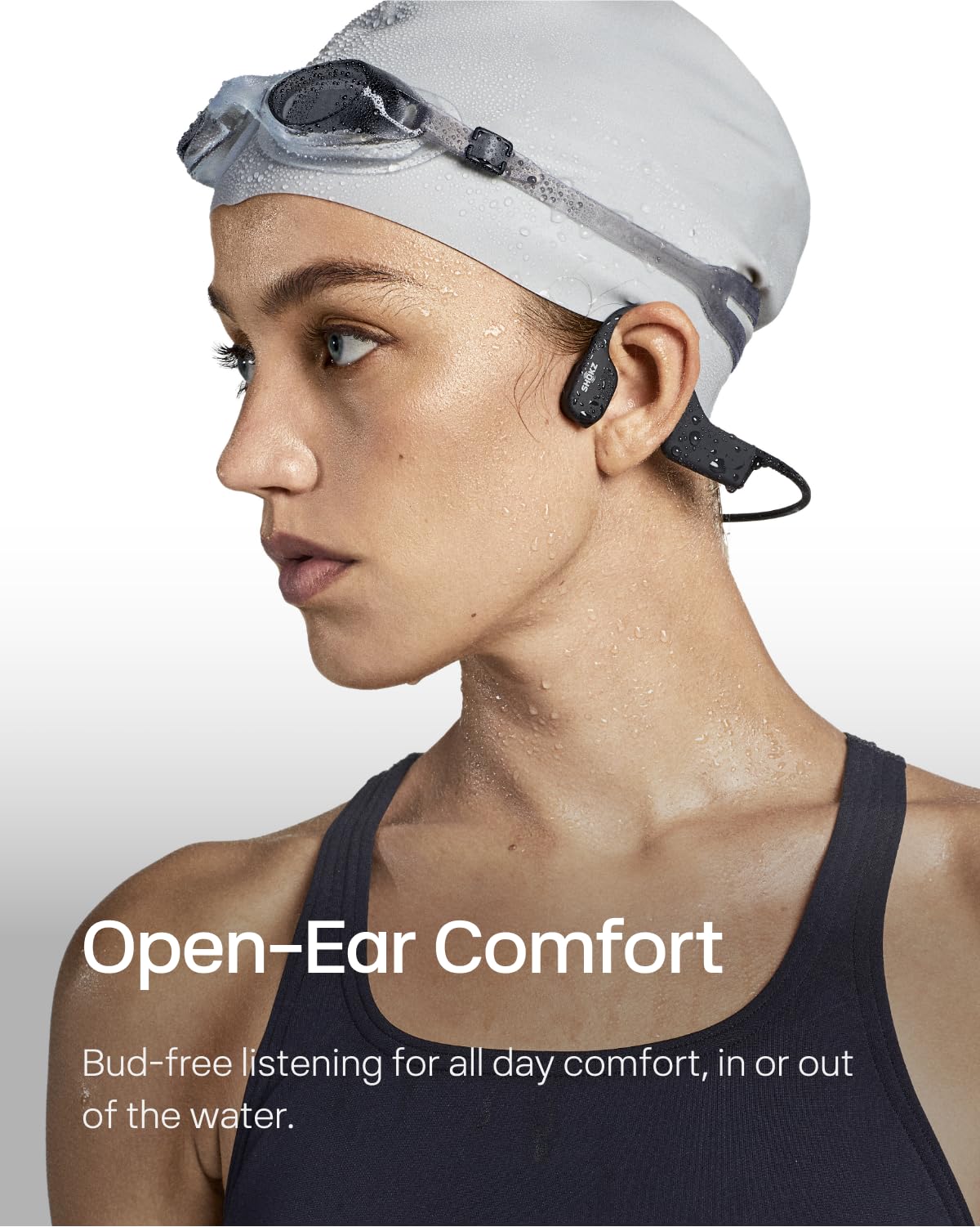 SHOKZ OpenSwim - MP3 Waterproof Headphones for Swimming - Not Bluetooth Compatible - Built-in MP3 Player with Storage for 1200 Songs - Open-Ear Wireless Headphones, with Nose Clip and Earplug (Black)
