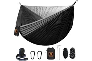 QEVOOON Camping Hammock, Portable Hammocks with Mosquito Net,Lightweight Nylon Parachute Hammock with 10ft Tree Straps,Camping Gear Must Haves for Travel Hiking Backpacking Beach Patio-Black&Grey