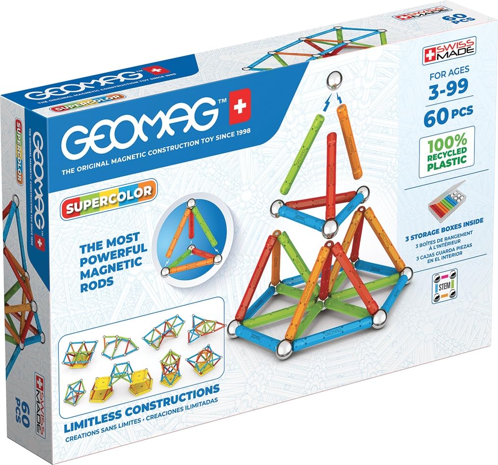 Geomag, Supercolor Recycled, Magnetic Constructions, Colorful Bars and Panels, 60-Piece Pack, 100% Recycled Plastic, White (384)