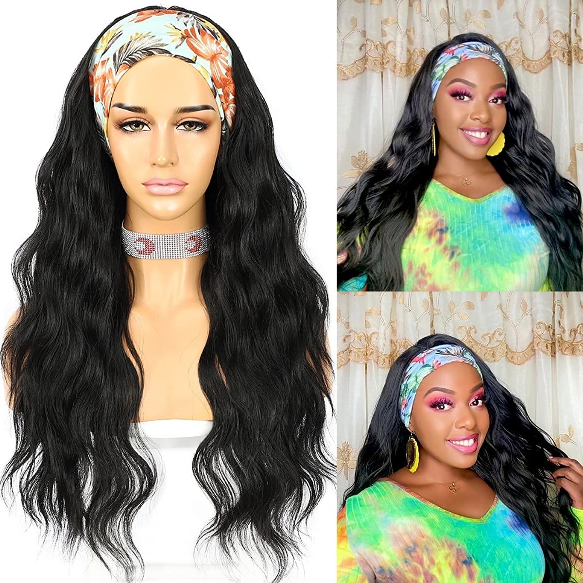 Sapphirewigs Body Wave Headband Wig Synthetic Long Wavy Wigs for Women Glueless Black Hair Natural Looking 150% Density 26 inch