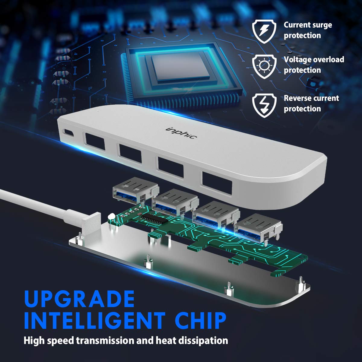 Inphic High-Speed Portable 4 Ports USB Hub 3.0 Aluminum with Micro-USB Powered Port