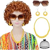Guree Hair Orange Wig + Sunglasses + Yellow Necklace and Yellow Earrings for Landlady Costume Short Curly Red Orange Wigs for Cosplay Halloween Party Use (5pcs Set)