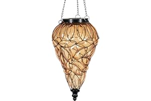 Exhart Outdoor Garden Solar Lights, Tear-Shaped Glass and Metal Hanging Lantern, 15 Firefly LED Lights, 7 x 24 Inch, Amber