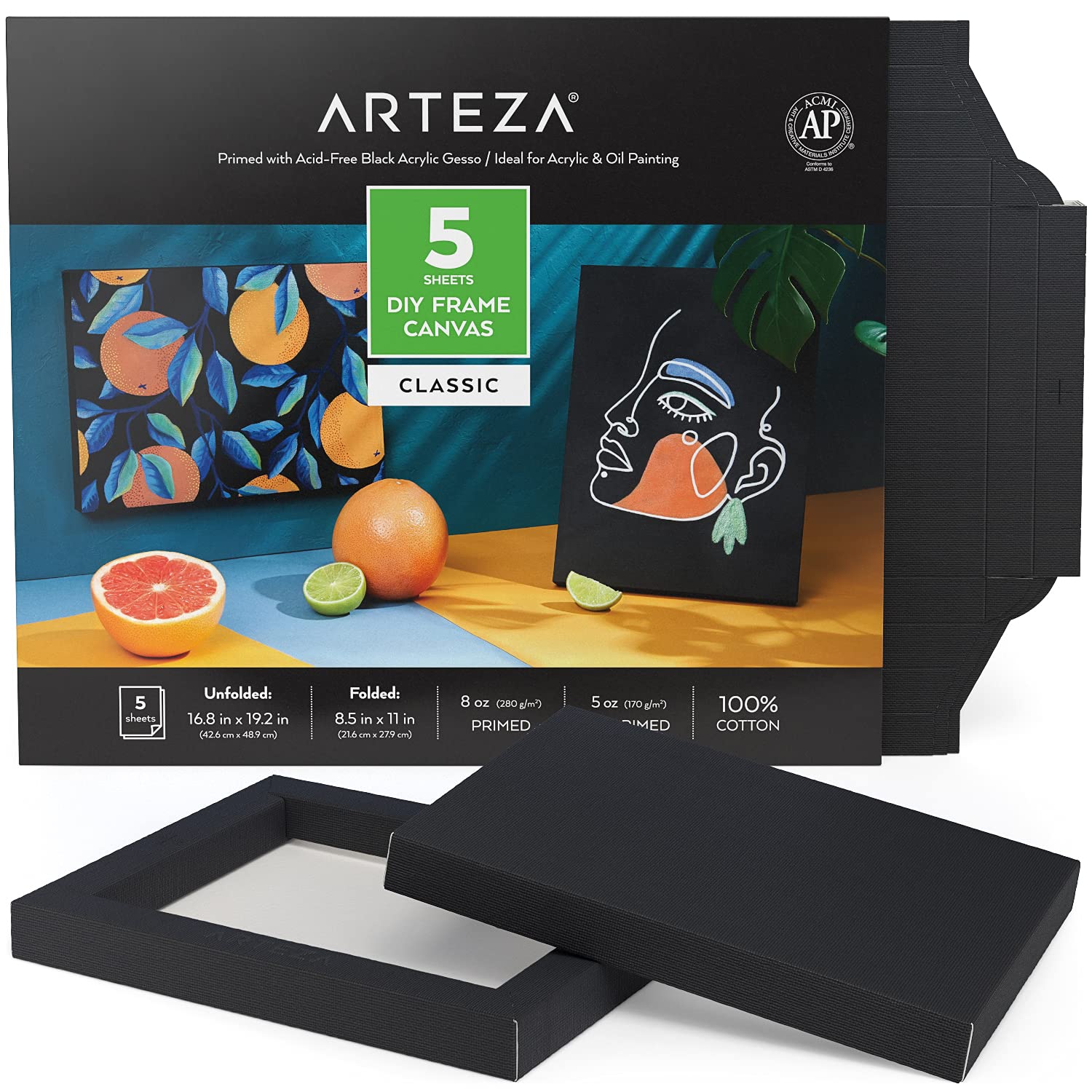 Arteza Canvases for Painting, Foldable, 5 Sheets, 21.6 x 27.9 cm - Folded, 100% Cotton, 280 GSM Primed Black Canvases, Art Supplies for Acrylic and Oil Painting and Drawing