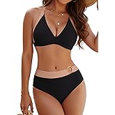 BMJL Womens Two Piece Swimsuit Color Block Triangle Bikini Sets Mid Rise Bathing Suits Cute Swimwear