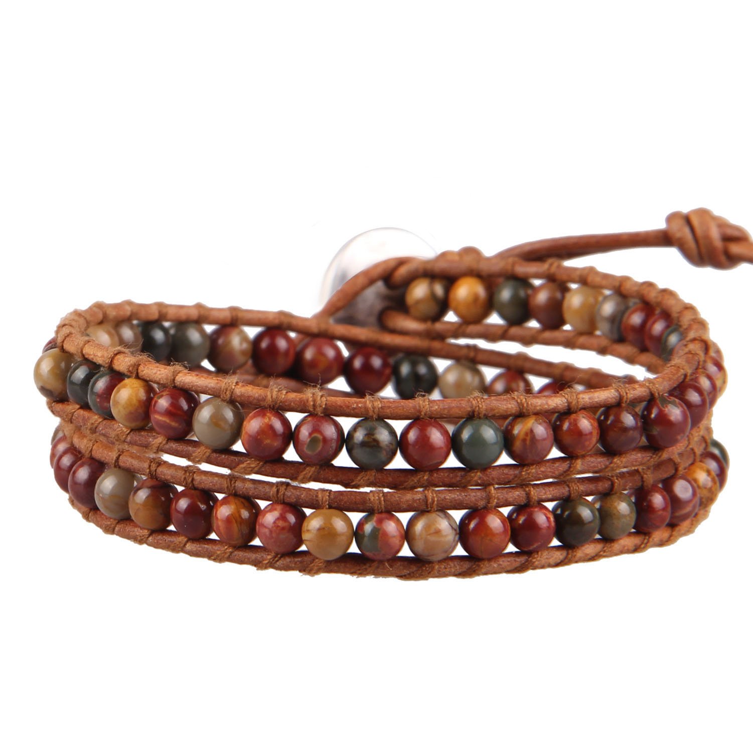 KELITCH Picasso Jasper Beads 2 Wrap Bracelet Women Strand Brown Leather Cuff