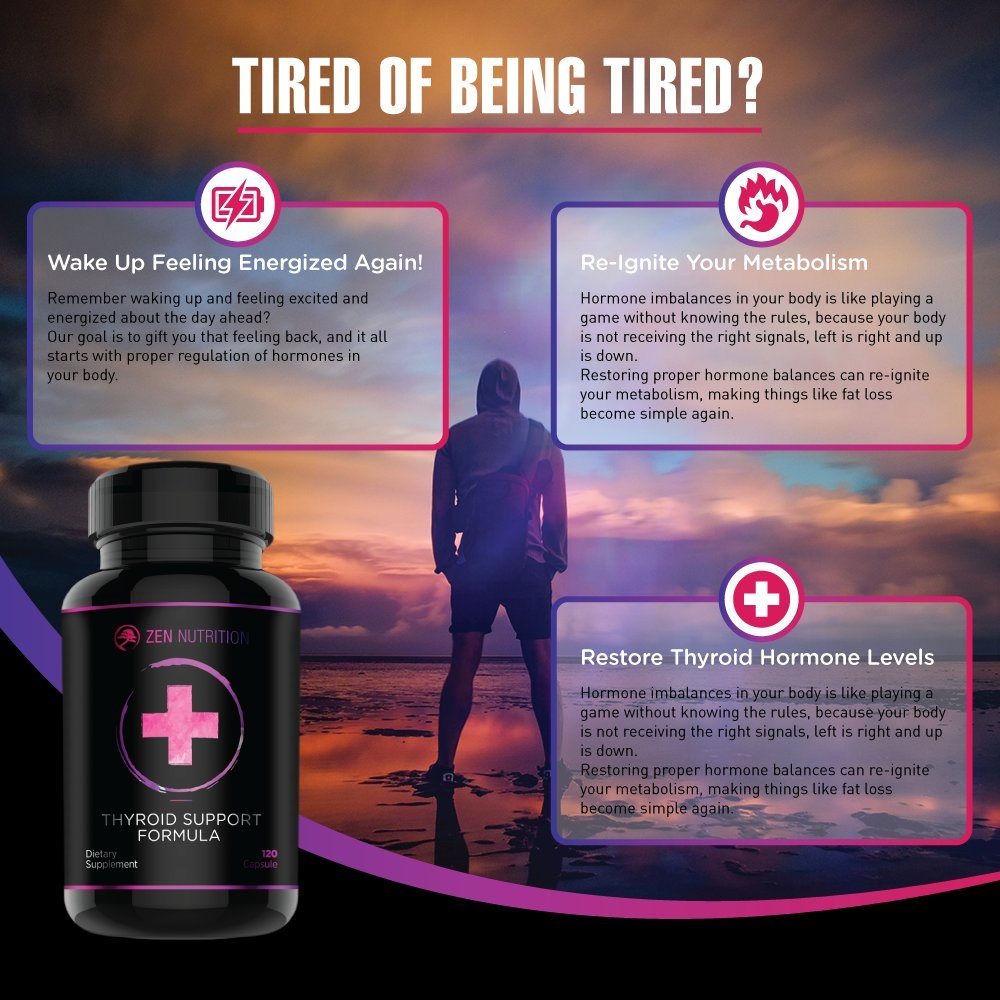 Thyroid Support Supplement | Unique Formula Forged for Focus, Energy and Metabolism | Vitamin B12 , Zinc, Ashwagandha, Iodine - Gluten Free, Made in the USA By Zen Nutrition