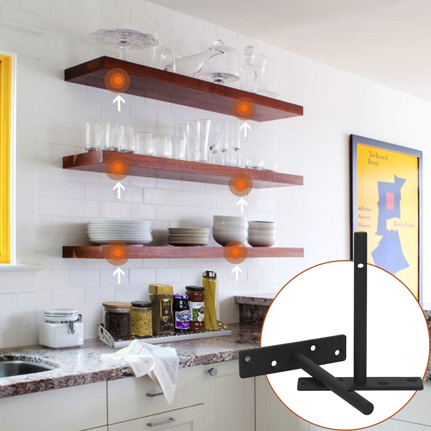 Floating Shelf Hardware, Concealed Brackets 6 Inch Heavy Duty Steel Black Metal Bracket Support for Blind Wall Mount Wood Shelves, Set of 2: Kitchen & Dining