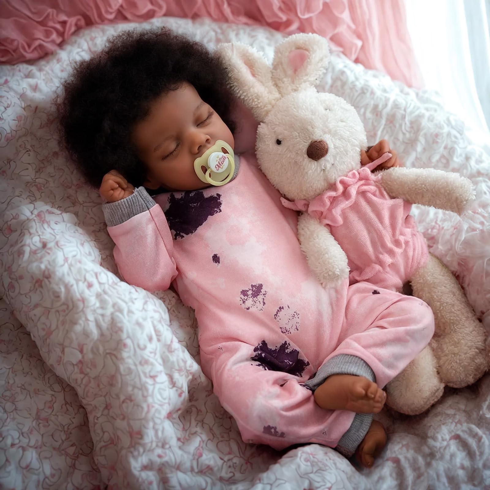 JIZHI Lifelike Reborn Baby Dolls Black - 17-Inch Realistic African American Newborn Hand Rooted Curls Hair- Real Life Babies Doll Cloth Body with Feeding Kit & Gift Box for Kids Age 3+