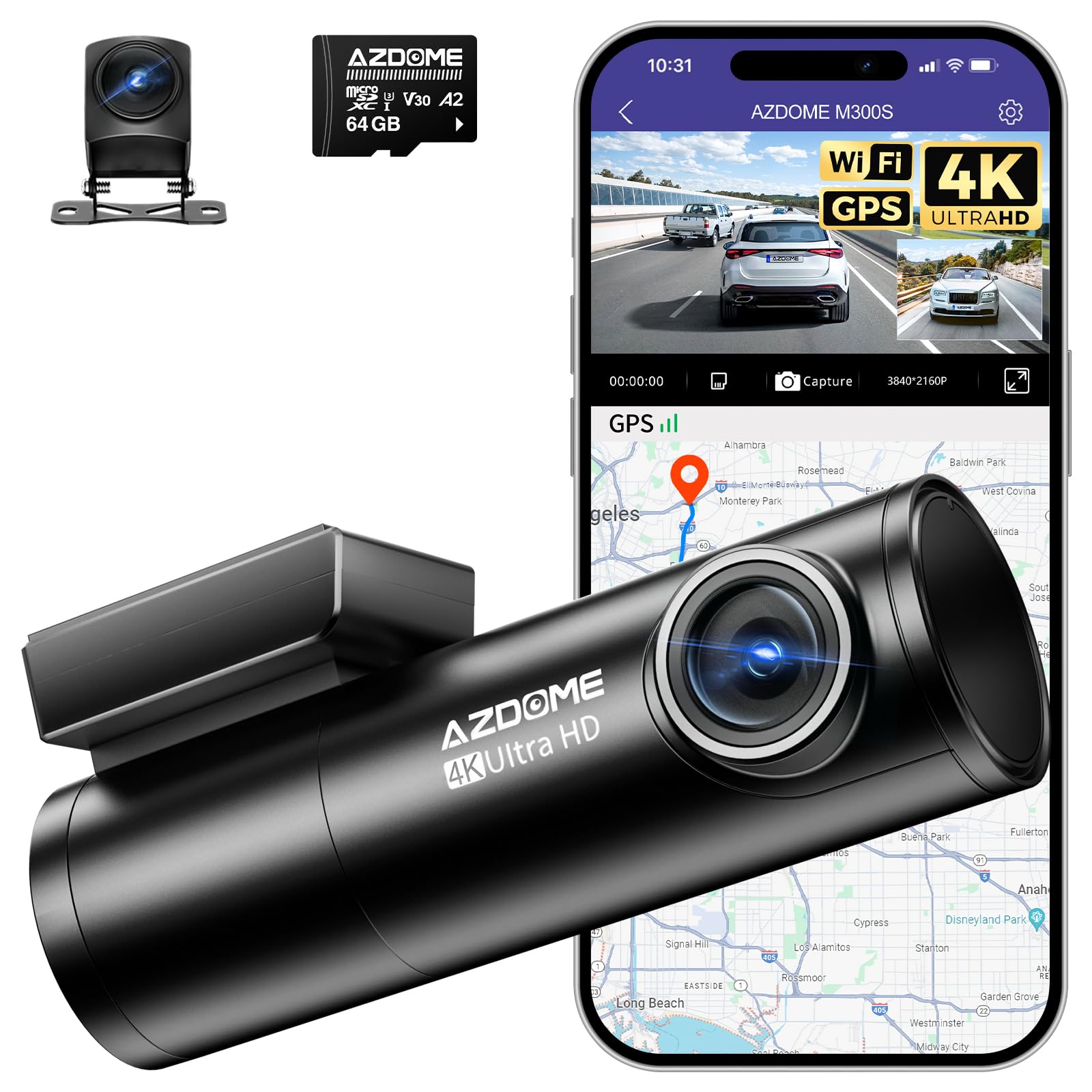 AZDOME 4K Dash Cam Front and Rear, WiFi GPS, Dual Car Camera, Mini Dashcam for Cars with 64GB SD Card, 24H Parking Mode, ADAS, Night Vision, WDR, 170° Wide Angle, G-Sensor, App Control, Max 256GB