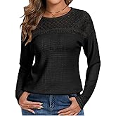 Chicrise Waffle Knit Tops Women Lace Crew Neck Long Sleeves Shirts Dressy Casual Blouses Basic