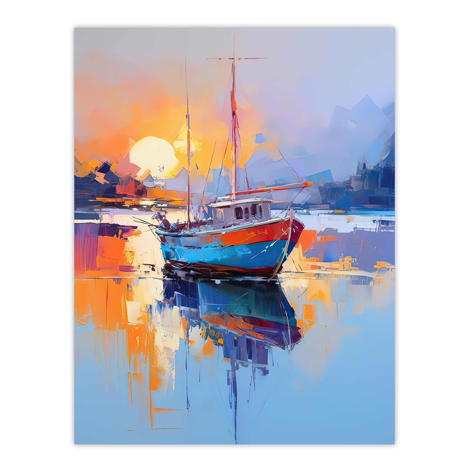 Artery8 Fishing Boat in Tranquil Lake at Sunrise Oil Painting Orange Blue Red Abstract Seascape Extra Large XL Wall Art Poster Print