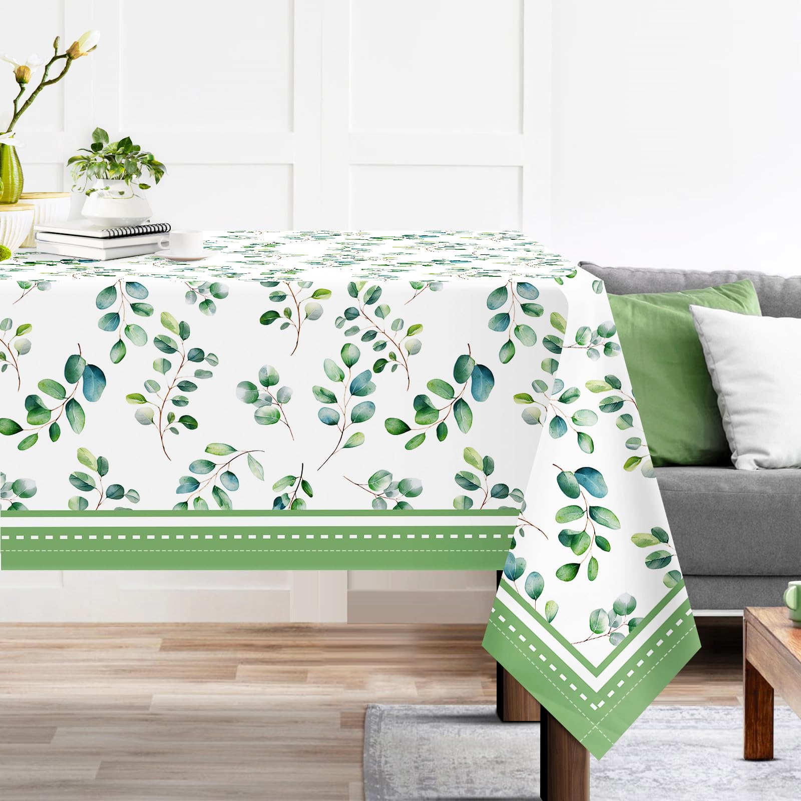 Arquiel Watercolor Eucalyptus Leaf Tablecloth Waterproof, Green Plant Bordered Rectangle Table Cloth, Washable Table Cover For Kitchen Dining Party Decor(152×213cm)