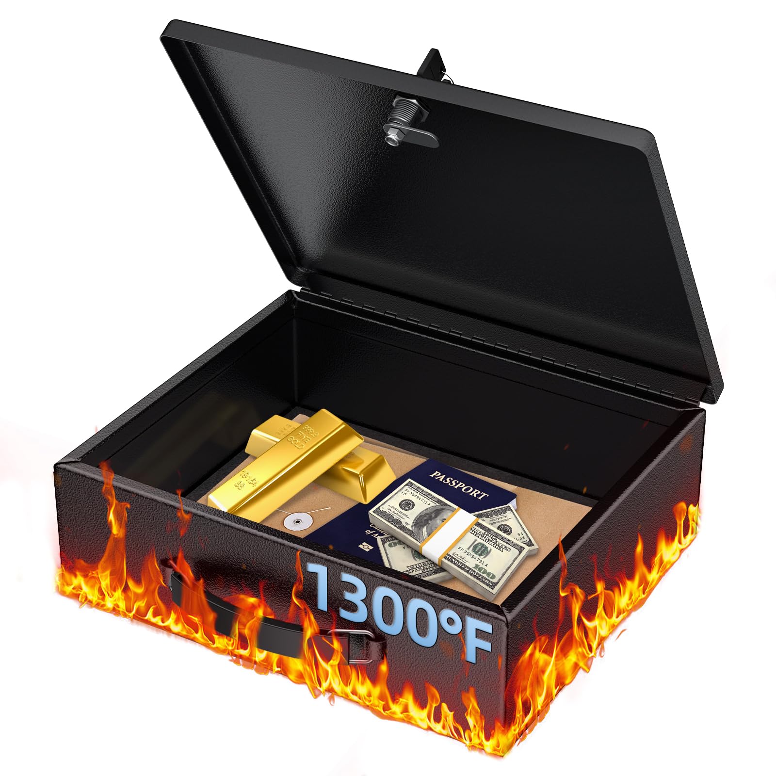 Photo 1 of **Missing the key** Fireproof Document Box with Key Lock & Handle, 13" x 10.9" x 4.1", Large Metal Lock Box for A4 Paper, Water-Resistant Safe Box for Valuables, Passports & Cash, Portable Security Metal Chest