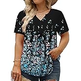 VISLILY Women's Plus-Size-Summer-Tops Trendy Henley V Neck T-Shirts Flowy Pleated Tunics Short Sleeve Buttons Up Blouses