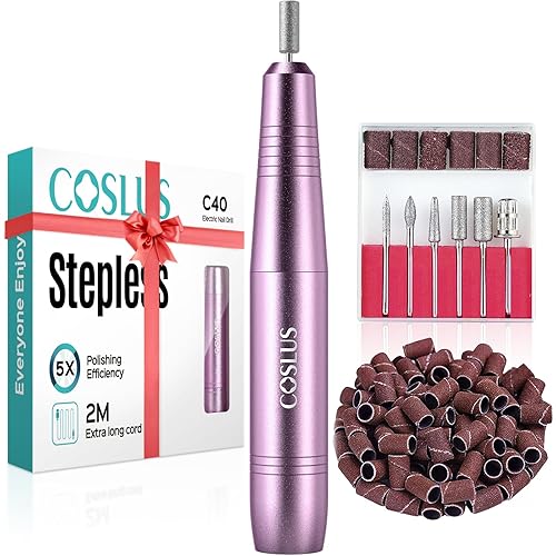 COSLUS Electric Nail Drill, Nail Files for Gel Acrylic Nature Nails, Adjustable Speed 0-20000RPM, Portable Manicure Pedicure Set with 6 Drill Bits 31 Sanding Bands, E File for Beginner Girl Women Mum