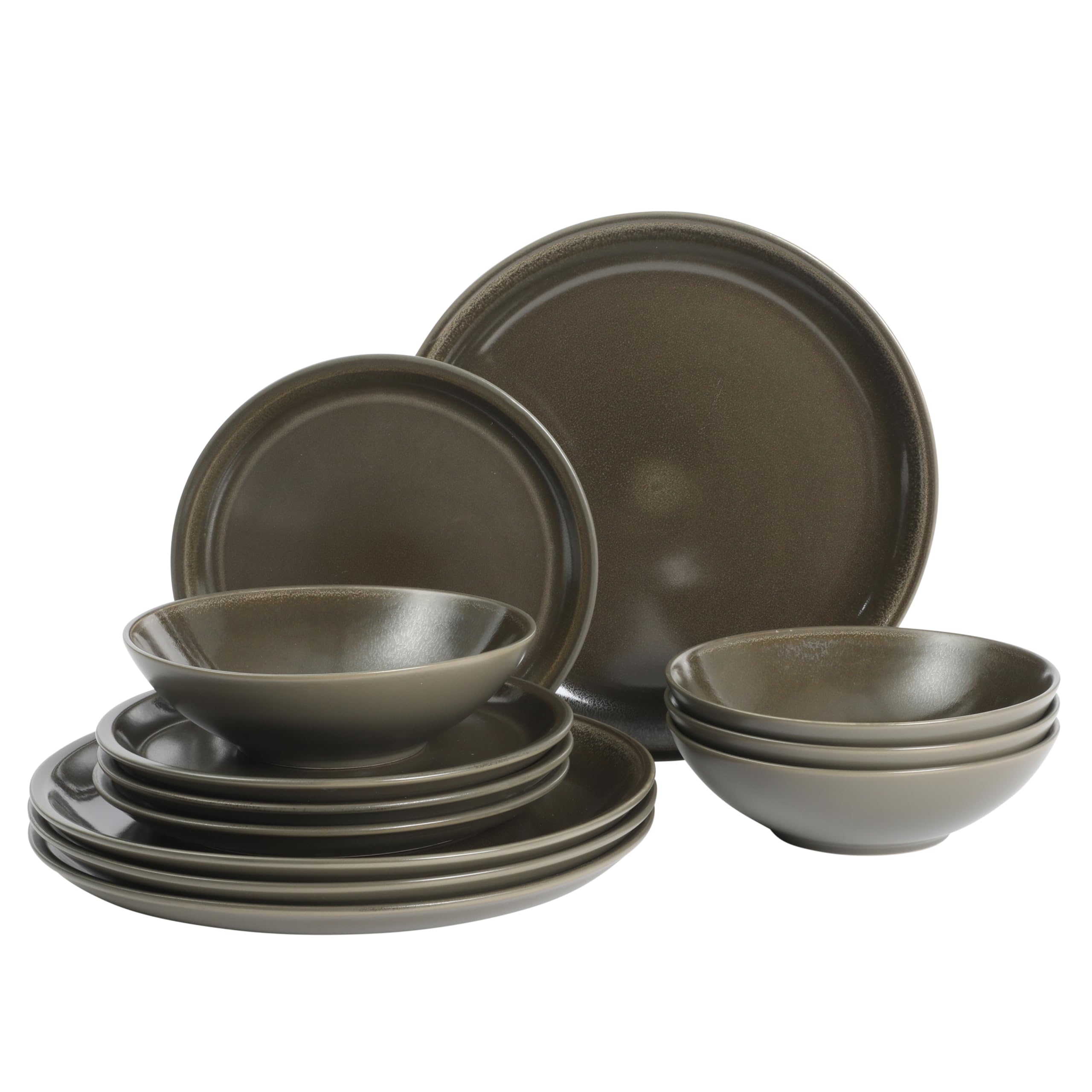 Gibson Elite 12 Piece (Service for 4) Lakecrest Plates and Bowls Reactive Glaze Round Dishes Stoneware Ceramic Dinnerware Set - Dark Green Image