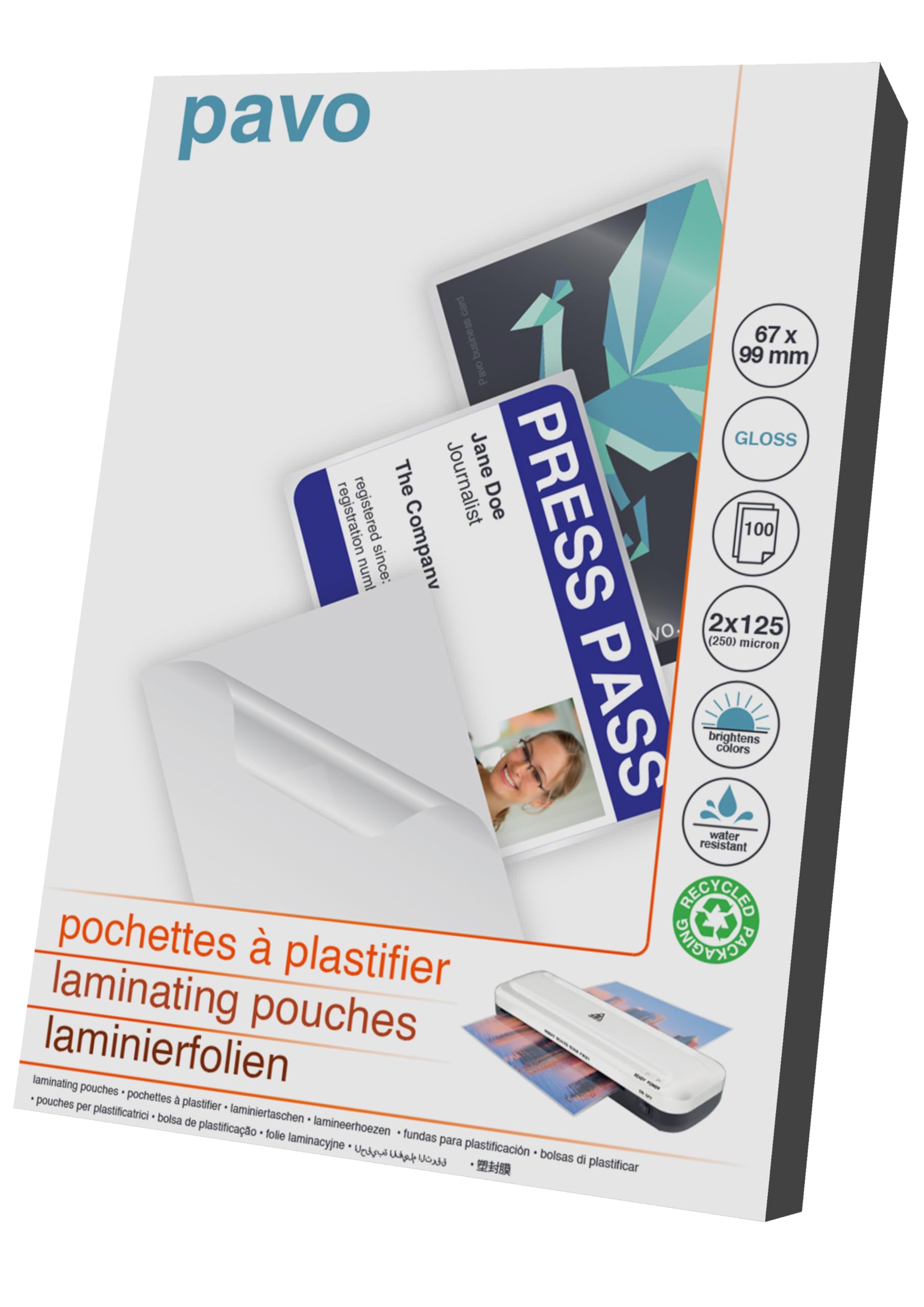 Pavo - Laminating Pouches Size 67 x 99mm 2x125 mic, Pack of 100 - Gloss
