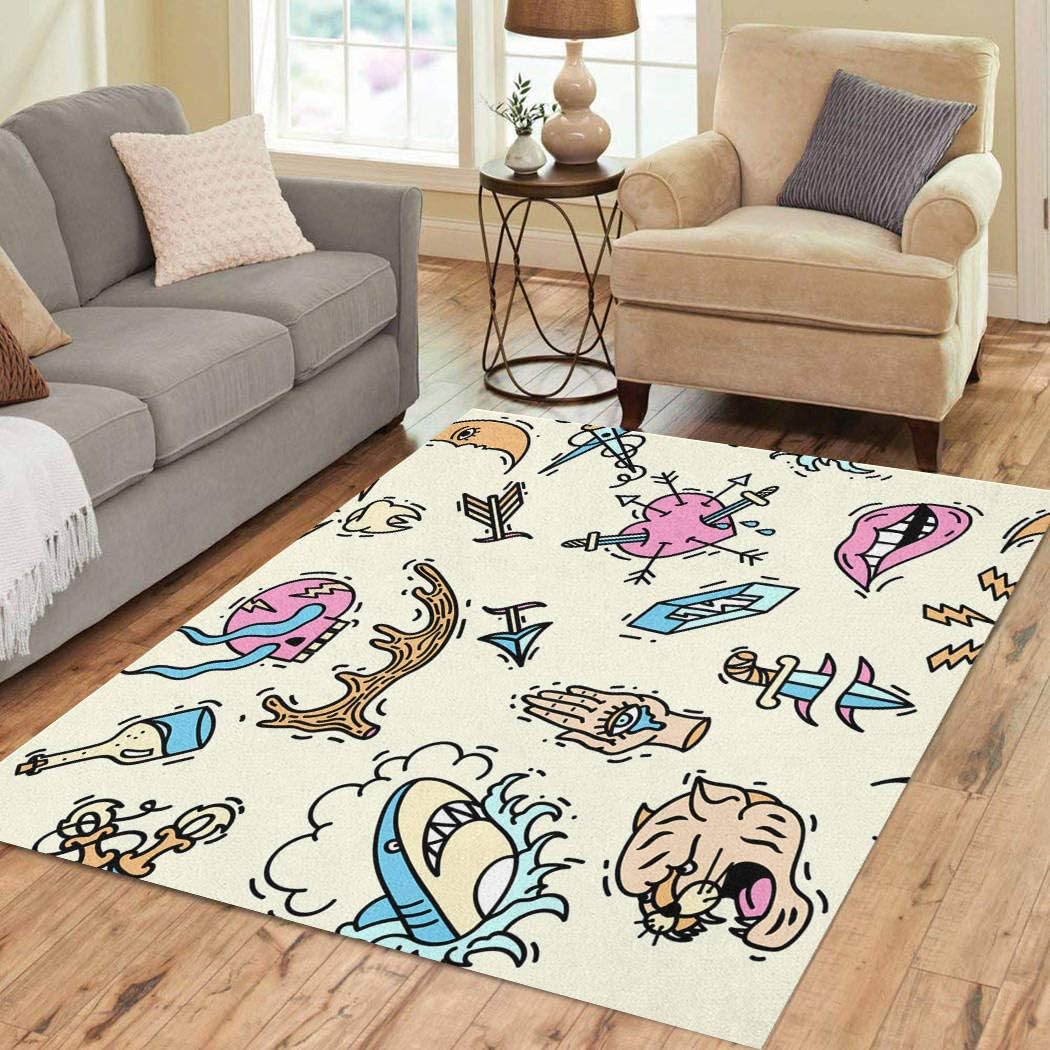 Houlor American Element Area Rug Old School Tattoos Tattoo Hand Shark Vintage Skull Tiger Soft Non-Slip Carpet Flannelette Fabric Surface for Living Room Kids Room Home Decor Floor Rugs 2' X 3'