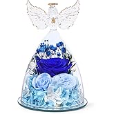 FIACO Gifts for Women Preserved Rose Forever Flower Rose in Glass Angel Figurine Preserved Fresh Flowers for Delivery Prime Mothers Day Birthday Gifts for Mom Grandma Wife Sister Blue