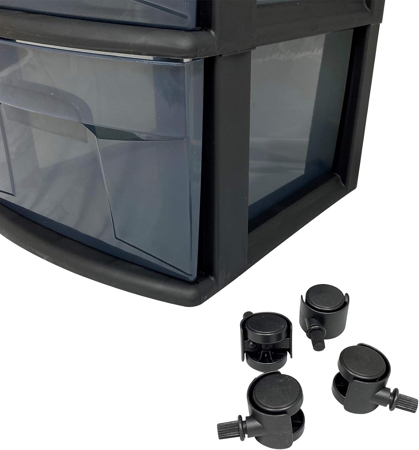 HOMZ Plastic 4 Drawer Medium Cart, Black Frame with Smoke Tint Drawers, Casters Included, Set of 1: Home & Kitchen