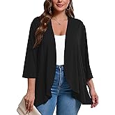 AusLook Women's Plus Size 3/4 Sleeves Lightweight Open Front Cardigan Draped Ruffles Shawls and Wraps Shrugs Kimono Jacket